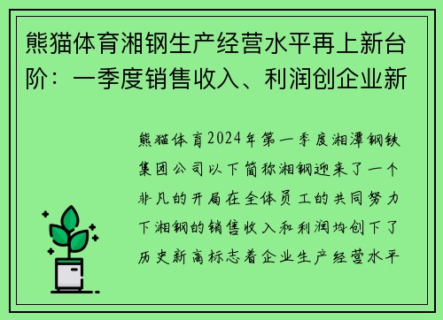 熊猫体育湘钢生产经营水平再上新台阶：一季度销售收入、利润创企业新高 - 副本