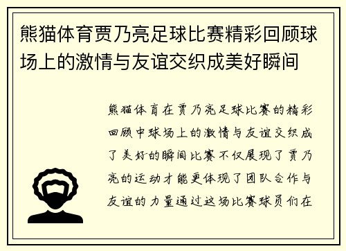 熊猫体育贾乃亮足球比赛精彩回顾球场上的激情与友谊交织成美好瞬间