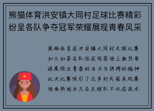 熊猫体育洪安镇大同村足球比赛精彩纷呈各队争夺冠军荣耀展现青春风采