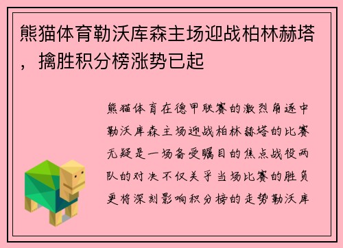 熊猫体育勒沃库森主场迎战柏林赫塔，擒胜积分榜涨势已起