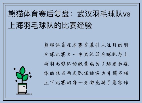 熊猫体育赛后复盘：武汉羽毛球队vs上海羽毛球队的比赛经验