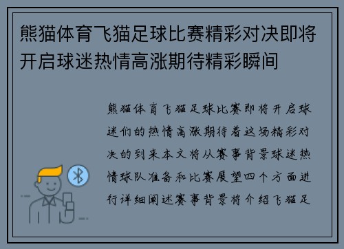 熊猫体育飞猫足球比赛精彩对决即将开启球迷热情高涨期待精彩瞬间