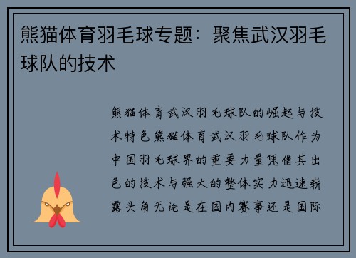 熊猫体育羽毛球专题：聚焦武汉羽毛球队的技术