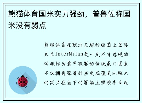 熊猫体育国米实力强劲，普鲁佐称国米没有弱点