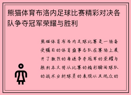 熊猫体育布洛内足球比赛精彩对决各队争夺冠军荣耀与胜利