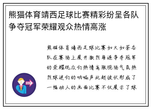 熊猫体育靖西足球比赛精彩纷呈各队争夺冠军荣耀观众热情高涨